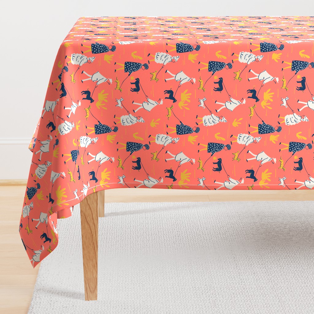 Walking the dogs, retro sixties, pumpkin, mustard, navy, light grey