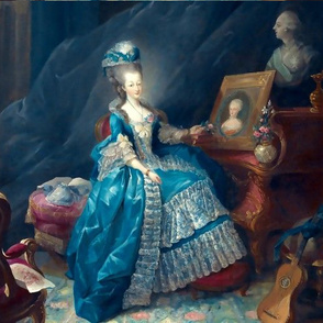 Marie Antoinette inspired princesses queens white blue big gowns lace baroque victorian beautiful lady woman beauty pouf Bouffant castle carpet lute guitar royalty castle palace bows portraits ballgowns flowers floral rococo  roses elegant gothic lolita e