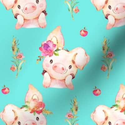 Miss Piglet - Baby Girl Pig with Flowers & Apples (Aqua) - LARGER Scale