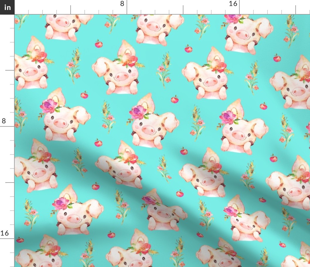 Miss Piglet - Baby Girl Pig with Flowers & Apples (Aqua) - LARGER Scale