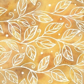 Abstract branches and leaves on gold, yellow watercolor texture