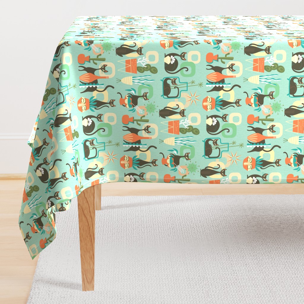 modern cats and plants in teal