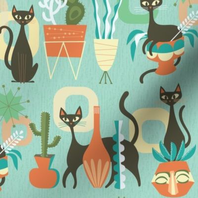 modern cats and plants in teal