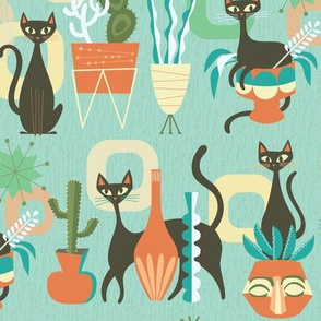 modern cats and plants in teal
