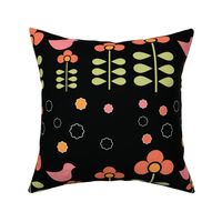 Stylized orange flowers and a pink bird against black, conjuring a whimsical, starry night garden.