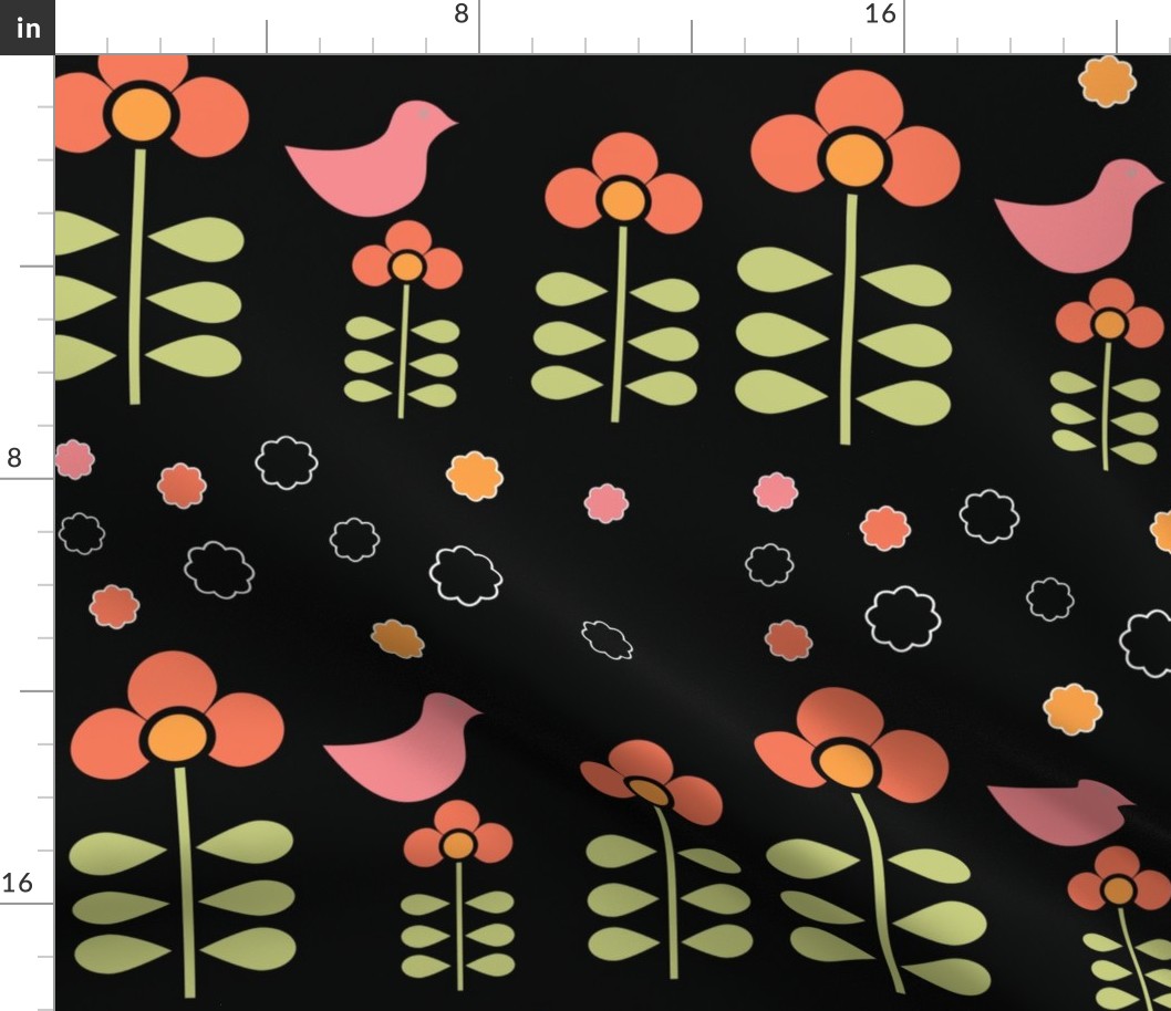 Stylized orange flowers and a pink bird against black, conjuring a whimsical, starry night garden.