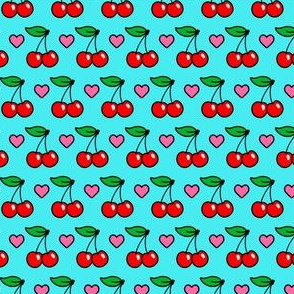 Cute Cherries & Hearts in Red on Aqua