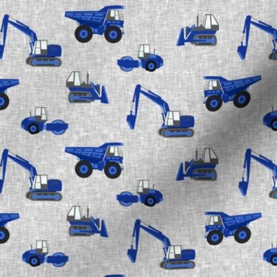 (1" scale) construction trucks - blue on grey linen C19BS