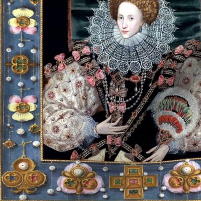 2 Queen Elizabeth 1 inspired princesses Queens renaissance Tudor big lace ruff collar baroque pearls black gown crowns tiaras pink bows england fans flowers floral frame border rubies ruby mutton sleeves puffy sleeves Britain beauty Elizabethan era 16th c