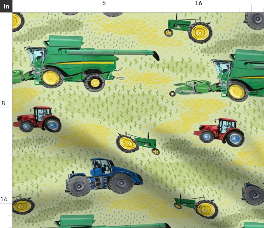Large Scale Watercolor Tractors on Green