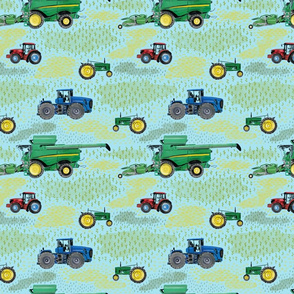 Medium Scale Watercolor Tractors on Blue