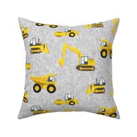 (large scale) construction trucks - yellow on grey linen C19BS 
