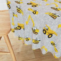 (large scale) construction trucks - yellow on grey linen C19BS 