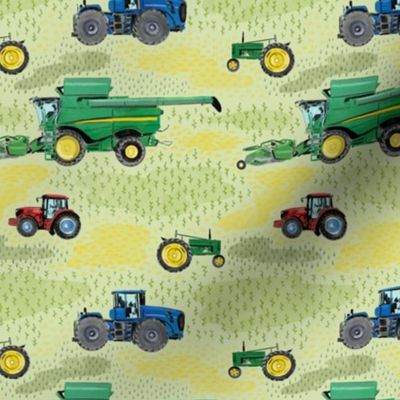 Small Scale Watercolor Tractors on Green