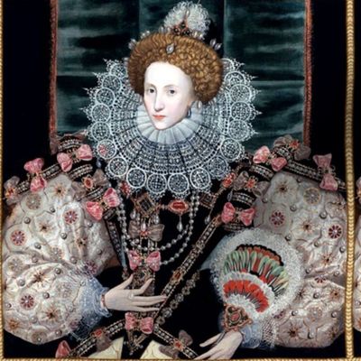 1 Queen Elizabeth 1 inspired princesses Queens renaissance Tudor big lace ruff collar baroque pearls black gown crowns tiaras pink bows england fans dress frame border rubies ruby mutton sleeves puffy sleeves Britain beauty Elizabethan era 16th century 17