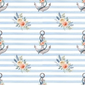 (medium) Watercolor anchors and flowers on a blue and white striped background, medium scale
