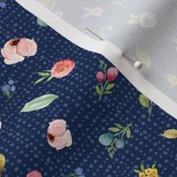 Woodland Flowers on Dark Blue - Pink Peach Blush Blue Floral