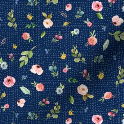 Woodland Flowers on Dark Blue - Pink Peach Blush Blue Floral