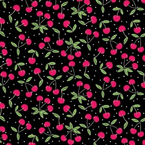 Red Cherries on Black with Polka Dots