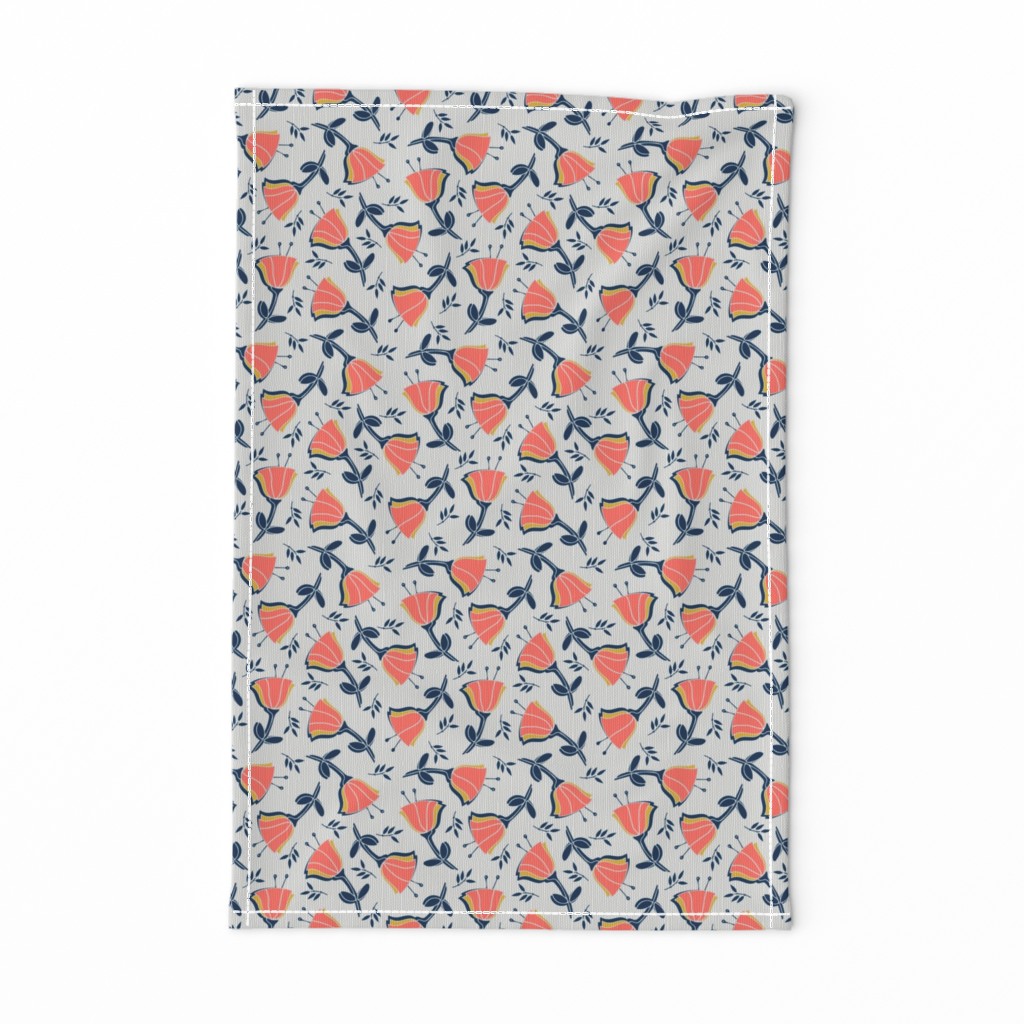 coral tulips with mustard, navy and gray