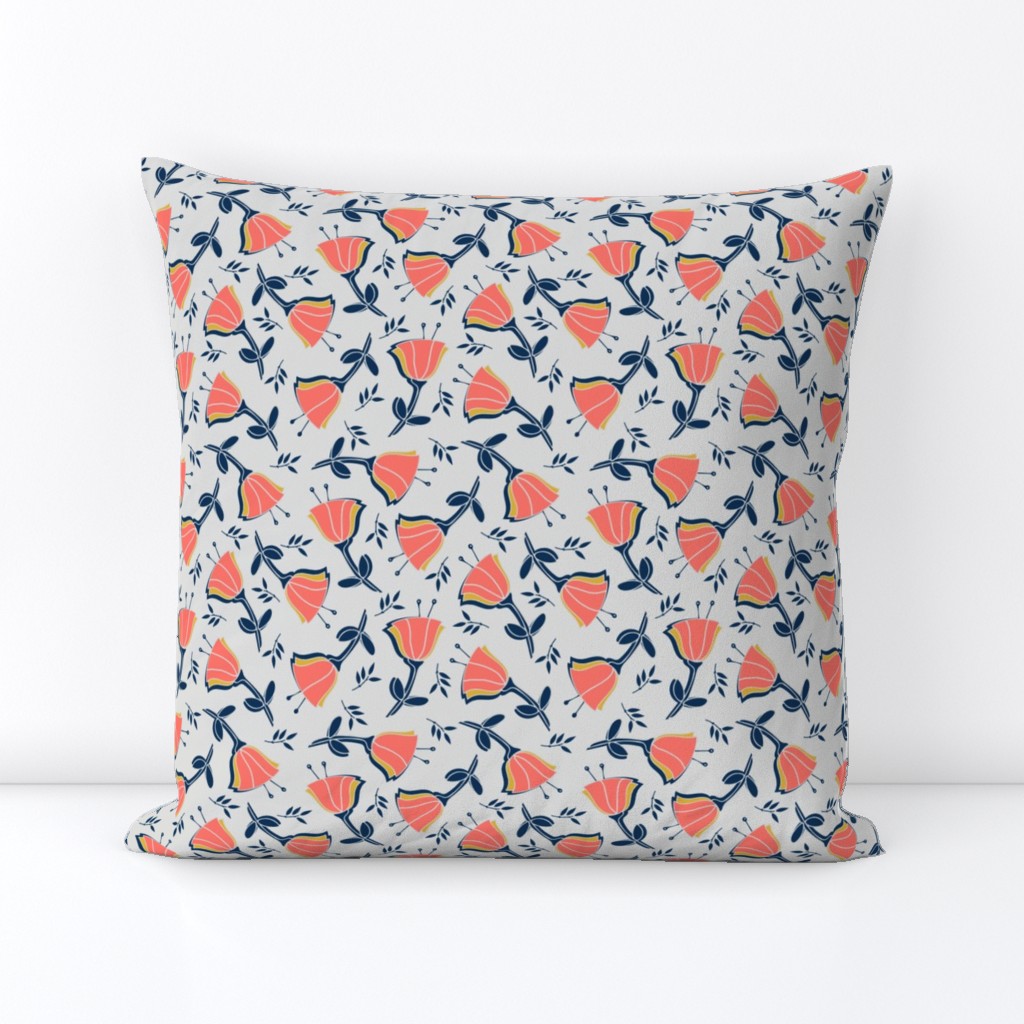 coral tulips with mustard, navy and gray