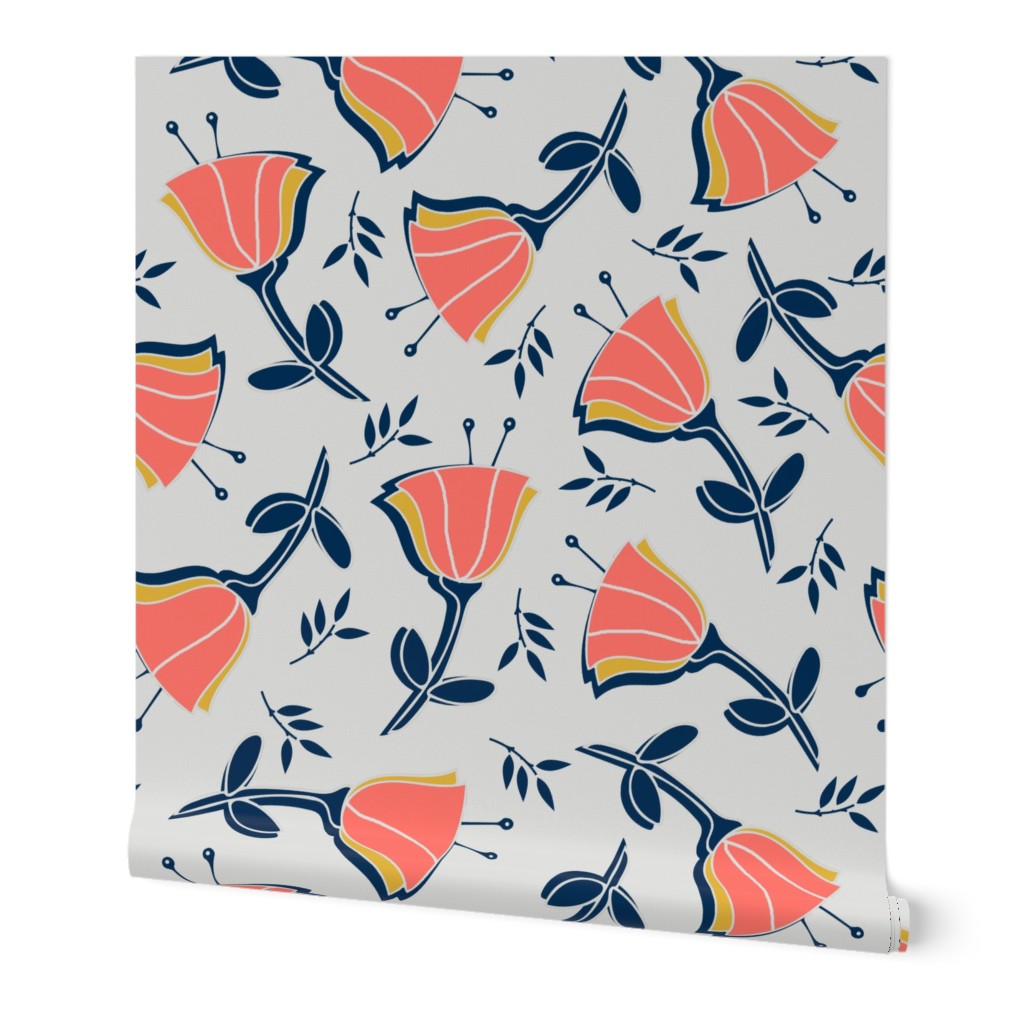 coral tulips with mustard, navy and gray