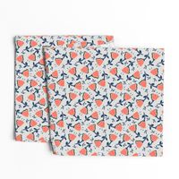 coral tulips with mustard, navy and gray