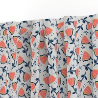 coral tulips with mustard, navy and gray