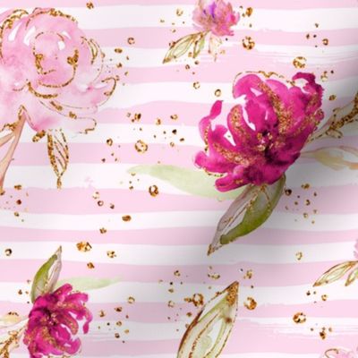 Pink Peony Rose Floral stripe Gold accents