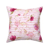 Pink Peony Rose Floral stripe Gold accents