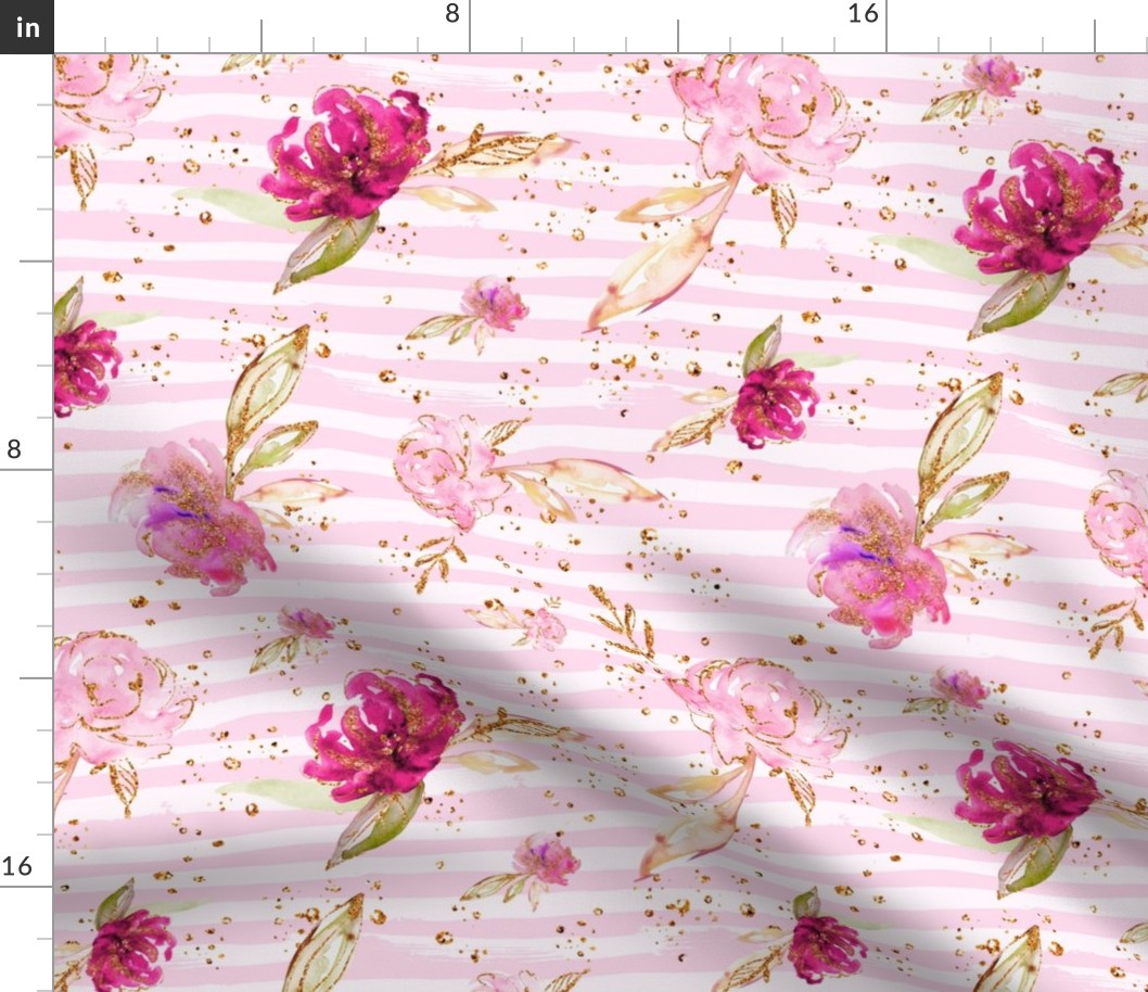 Pink Peony Rose Floral stripe Gold accents