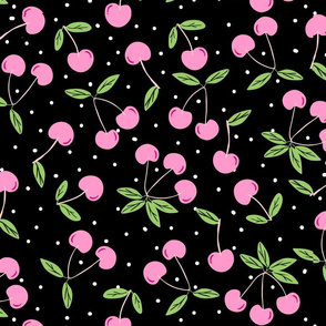 Pink Cherries on Black with white polka dots