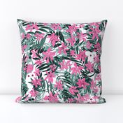 Bohemian Tropical Jungle Palms and Geckos in blue sage with orchid flowers