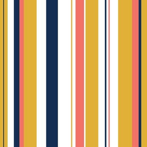 Gold, Coral, Navy, GRey Stripe Pattern