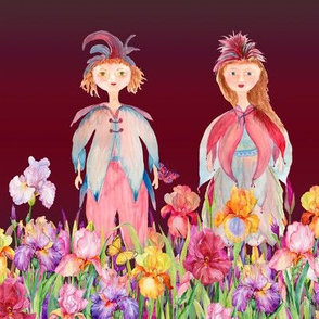 stripes WOODLAND FAIRY ELVES IRISES FLOWERS BURGUNDY RED BROWN watercolor