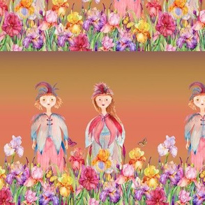 small STRIPES WOODLAND FAIRY ELVES IRISES FLOWERS CORAL MUSTARD watercolor