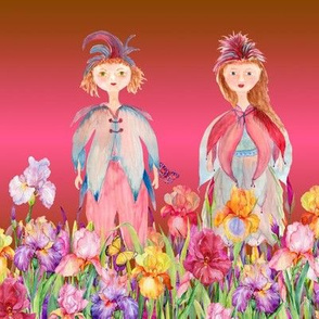 STRIPES WOODLAND FAIRY ELVES IRISES FLOWERS FUSHIA CARAMEL BROWN watercolor
