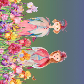 42"  BORDER WOODLAND FAIRY ELVES IRISES FLOWERS GREEN PURPLE watercolor
