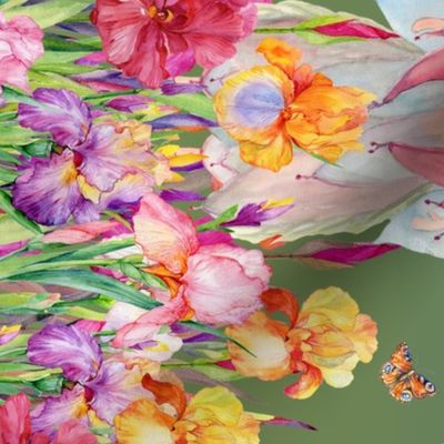 42"  DOUBLE BORDER WOODLAND FAIRY ELVES IRISES FLOWERS GREEN PURPLE watercolor