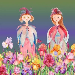 STRIPES WOODLAND FAIRY ELVES IRISES FLOWERS GREEN PURPLE watercolor