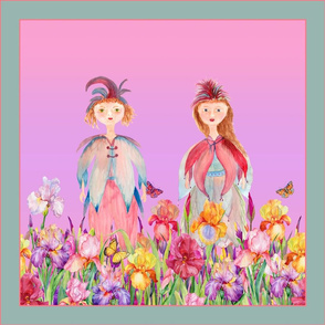 SQUARE PANEL WOODLAND FAIRY ELVES IRISES FLOWERS MAUVE PINK