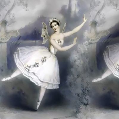 ballet ballerina dancing dancer beautiful women lady flowers floral crown garland pastel soloist seamless watercolor pastel pointe fairy wings romantic shabby chic trees mountains stage grey white blue 