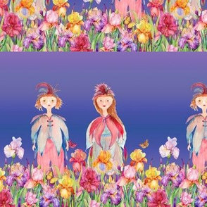 SMALL STRIPES WOODLAND FAIRY ELVES IRISES FLOWERS LAVENDER BLUE