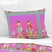 SQUARE PANEL WOODLAND FAIRY ELVES IRISES FLOWERS PINK PURPLE NEON watercolor