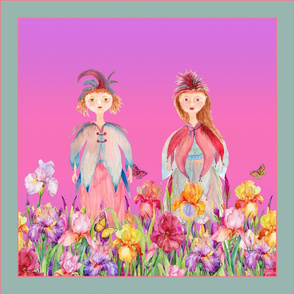 SQUARE PANEL WOODLAND FAIRY ELVES IRISES FLOWERS PINK PURPLE NEON watercolor