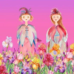 STRIPES WOODLAND FAIRY ELVES IRISES FLOWERS PINK PURPLE NEON watercolor