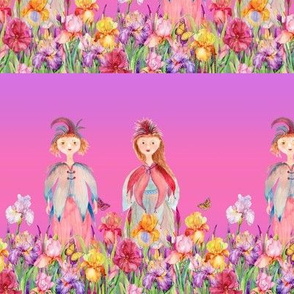 SMALL STRIPES WOODLAND FAIRY ELVES IRISES FLOWERS PINK PURPLE NEON watercolor