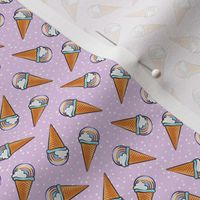 (micro scale) pastel rainbow icecream cones on purple with dots (toss) C19BS