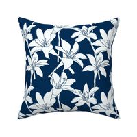 Amaryllis Floral Line Drawing, White on Midnight Blue