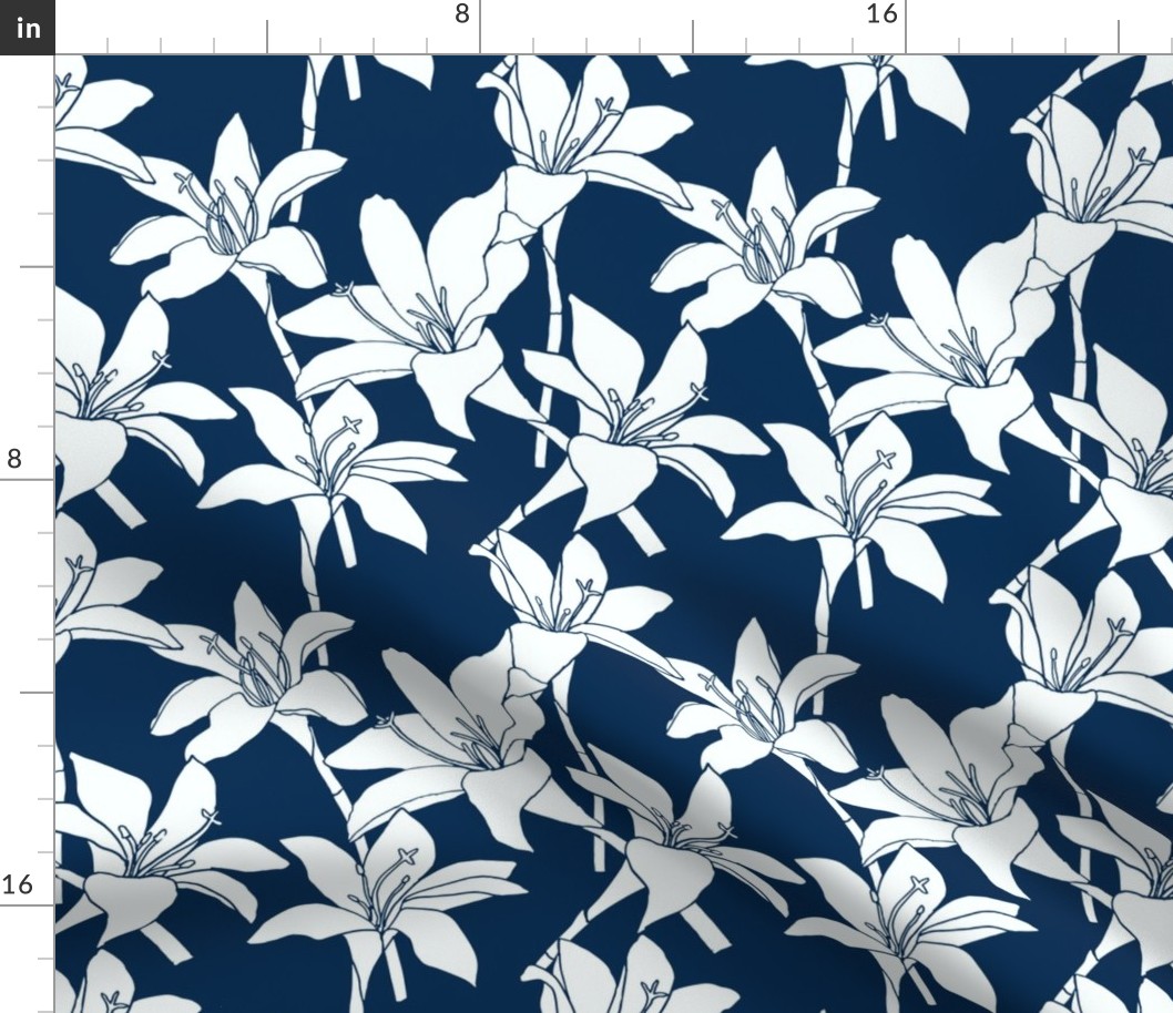 Amaryllis Floral Line Drawing, White on Midnight Blue